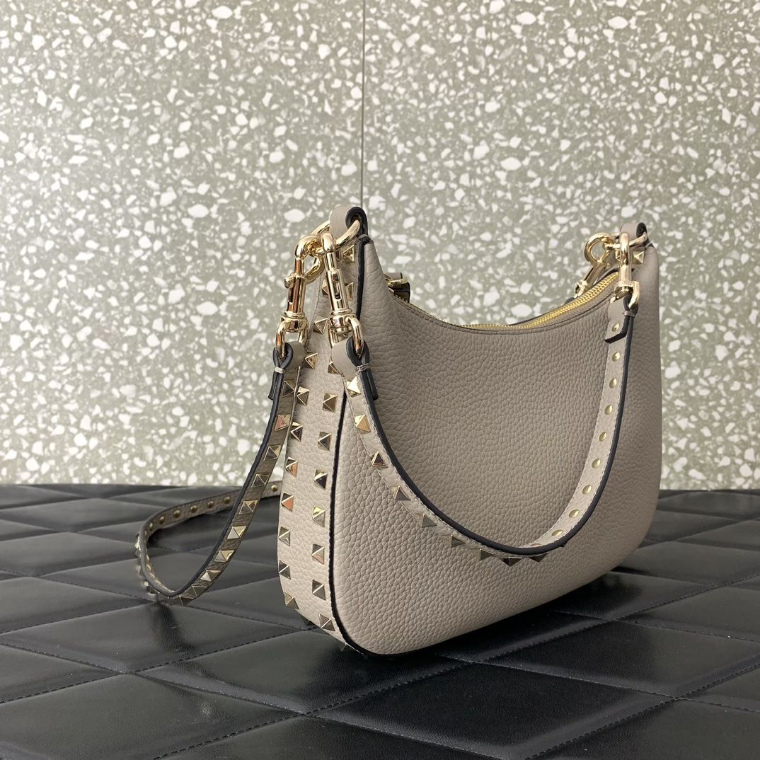 Valentino Garavani Rockstud Small Hobo Bag in Grey Grainy Calfskin